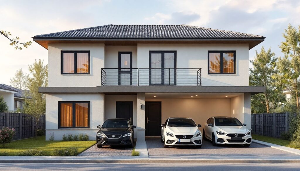 Проекты домов с гаражом на две машины - иллюстрация