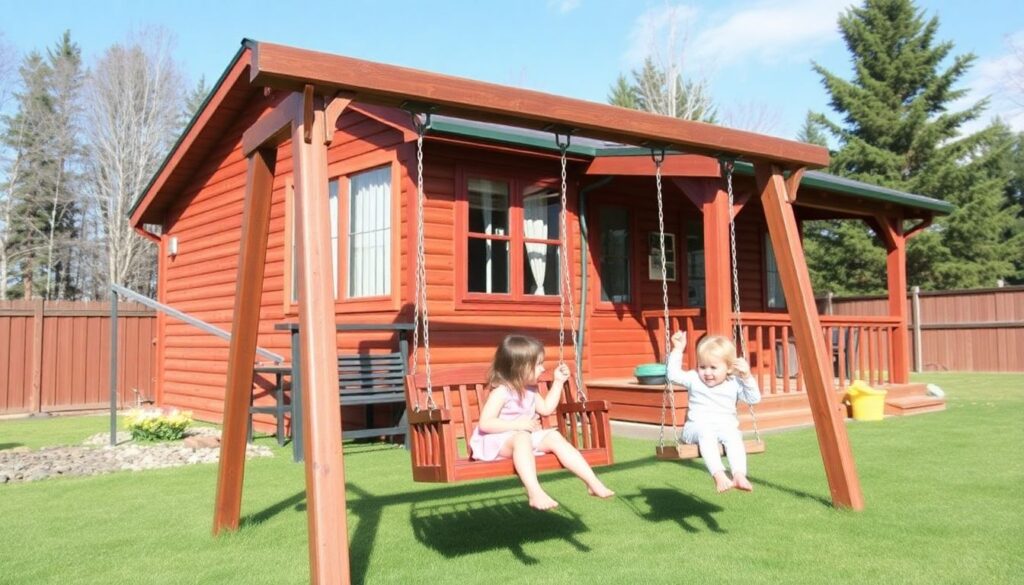 Обустройство детского уголка на даче: песочница, качели, домик - иллюстрация