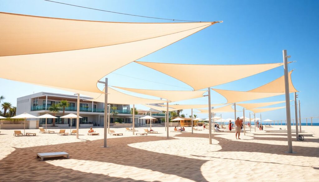 Оформление зоны отдыха у бассейна: шезлонги, зонты, мебель - иллюстрация