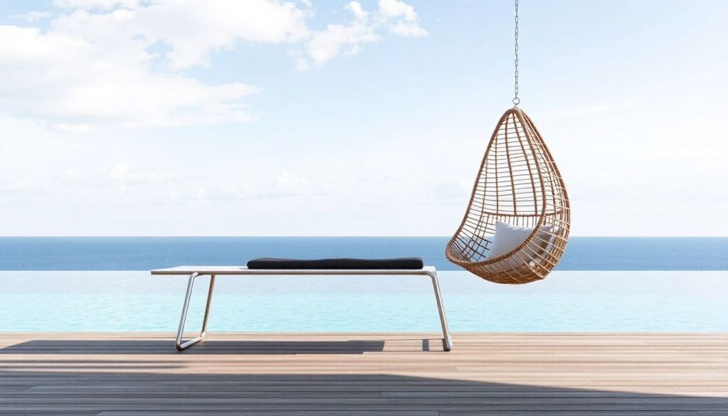 Оформление зоны отдыха у бассейна: шезлонги, зонты, мебель - иллюстрация