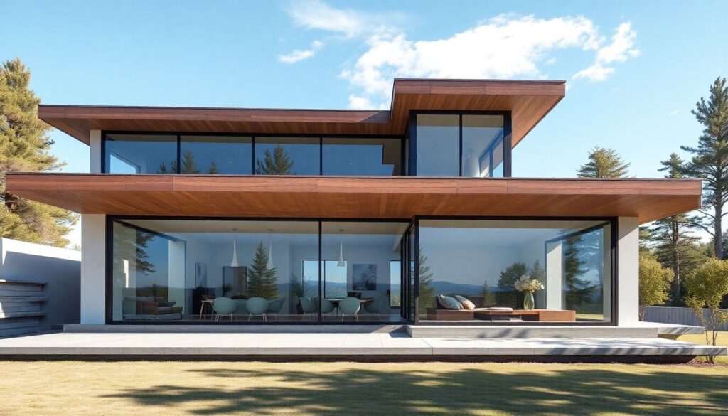 Проекты современных домов с плоской крышей и панорамными окнами - иллюстрация