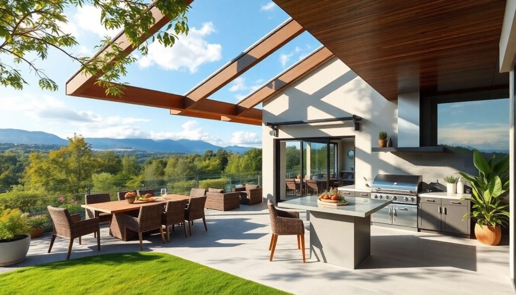 Проекты домов с большой террасой и зоной барбекю - иллюстрация