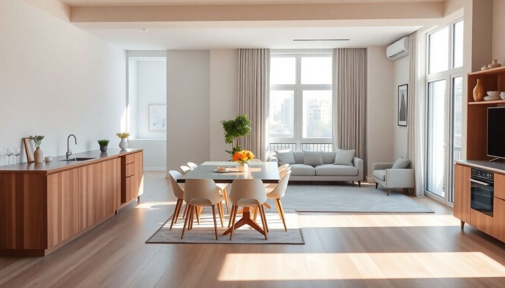 Идеи для оформления обеденной зоны на кухне и в гостиной - иллюстрация