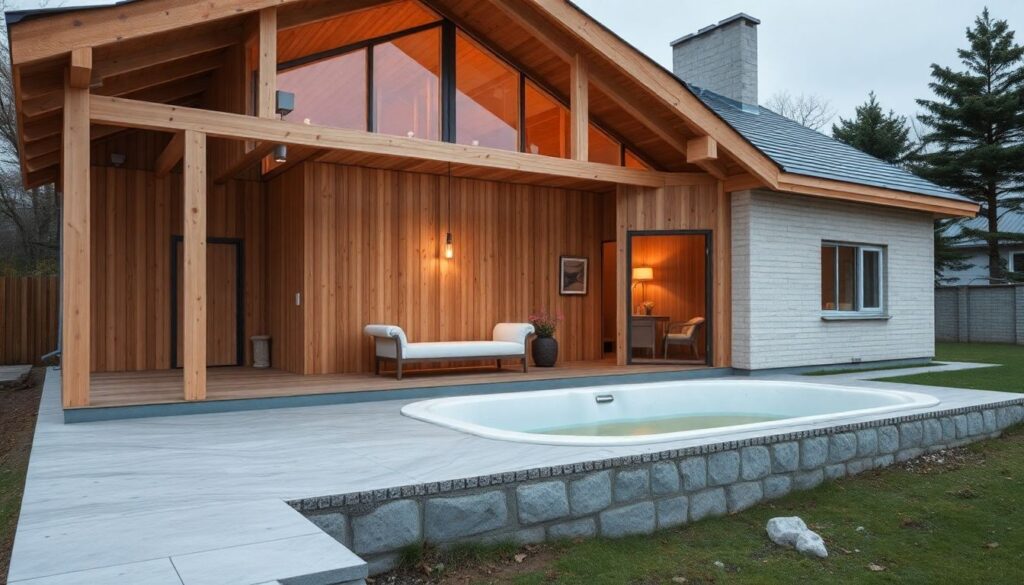 Проекты домов с сауной и небольшим бассейном (купелью) - иллюстрация